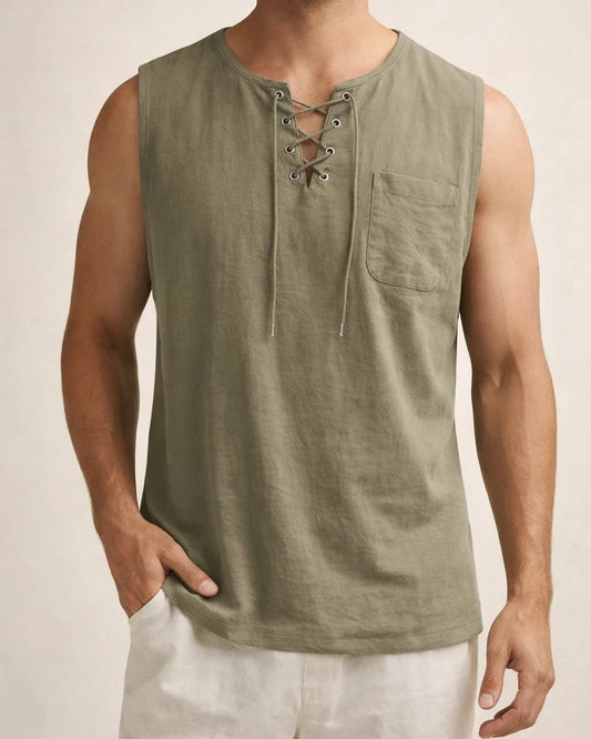 Summer New Hot Men's Slim Pocket Decorated Cotton Linen Solid Color Youth Popular Fashion Sleeveless Laced Casual Undershirt Shirt | JRSEE:06a77362-1700-443d-9872-a38811a5f6a6