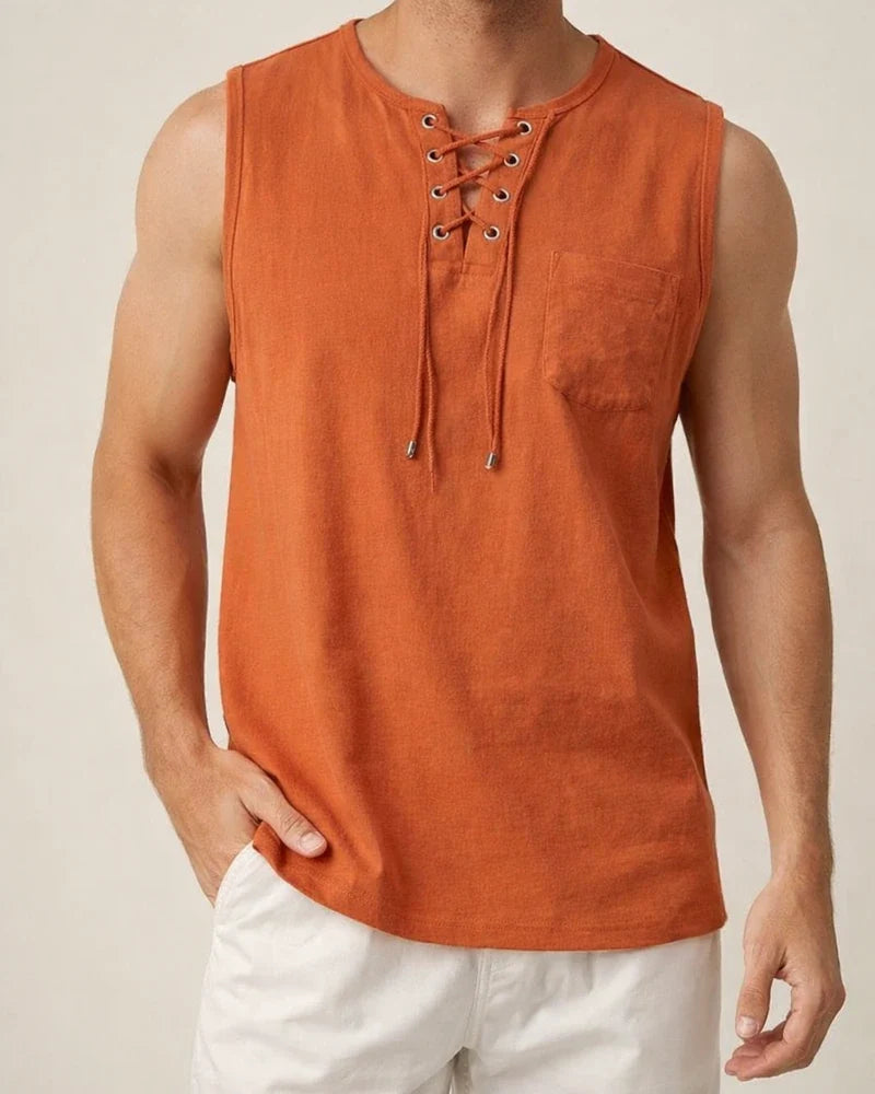 Summer New Hot Men's Slim Pocket Decorated Cotton Linen Solid Color Youth Popular Fashion Sleeveless Laced Casual Undershirt Shirt | JRSEE:29113bfa-014b-401b-b814-fac045280c7d
