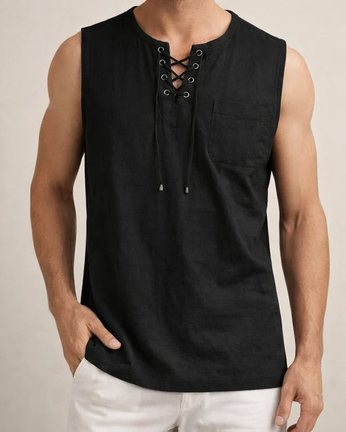 Summer New Hot Men's Slim Pocket Decorated Cotton Linen Solid Color Youth Popular Fashion Sleeveless Laced Casual Undershirt Shirt | JRSEE:b0abccde-65f9-4cf9-8e93-1a49bfe2ee47