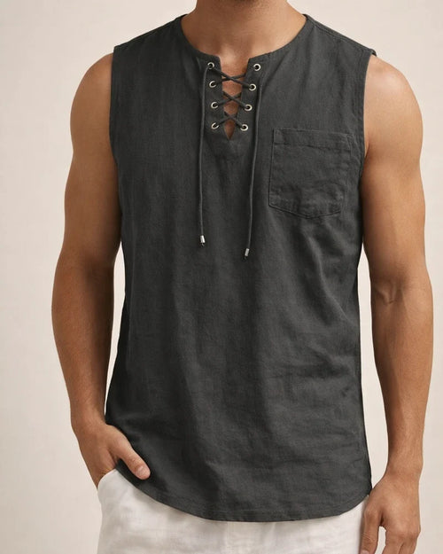 Summer New Hot Men's Slim Pocket Decorated Cotton Linen Solid Color Youth Popular Fashion Sleeveless Laced Casual Undershirt Shirt | JRSEE:bc01f808-8e2a-41f4-a344-0274840ae97b