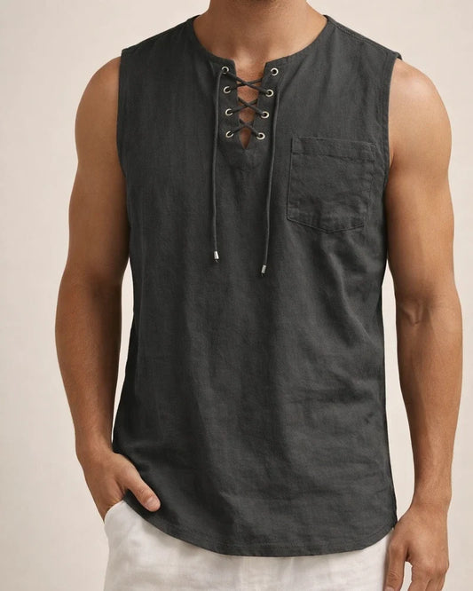 Summer New Hot Men's Slim Pocket Decorated Cotton Linen Solid Color Youth Popular Fashion Sleeveless Laced Casual Undershirt Shirt | JRSEE:bc01f808-8e2a-41f4-a344-0274840ae97b