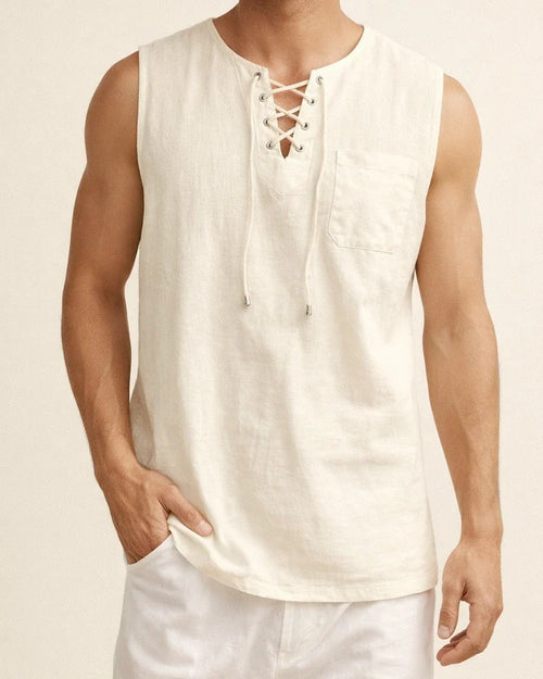 Summer New Hot Men's Slim Pocket Decorated Cotton Linen Solid Color Youth Popular Fashion Sleeveless Laced Casual Undershirt Shirt | JRSEE:a7b8a9c0-08ed-49dd-8492-d897be15e3b2