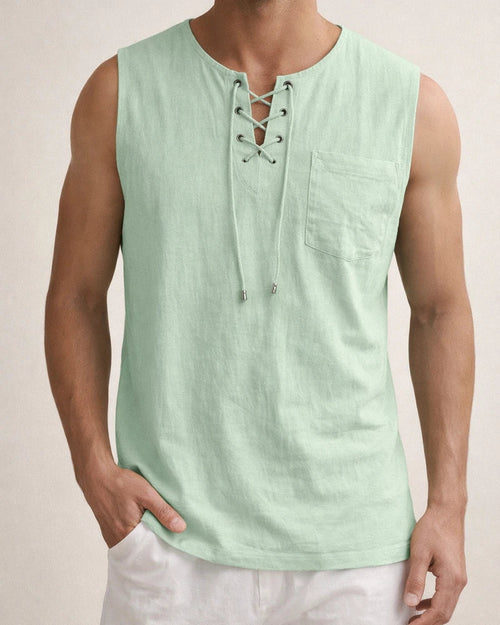 Summer New Hot Men's Slim Pocket Decorated Cotton Linen Solid Color Youth Popular Fashion Sleeveless Laced Casual Undershirt Shirt | JRSEE:1f3aaed0-8f88-4781-867b-25af2693ace9