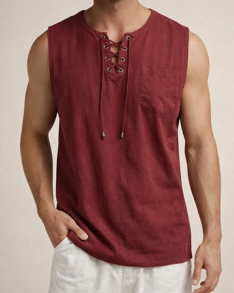 Summer New Hot Men's Slim Pocket Decorated Cotton Linen Solid Color Youth Popular Fashion Sleeveless Laced Casual Undershirt Shirt | JRSEE:dc355f54-03a4-419f-a18c-db4802de39f1