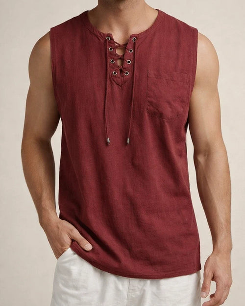Summer New Hot Men's Slim Pocket Decorated Cotton Linen Solid Color Youth Popular Fashion Sleeveless Laced Casual Undershirt Shirt | JRSEE:dc355f54-03a4-419f-a18c-db4802de39f1
