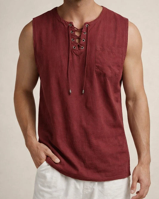 Summer New Hot Men's Slim Pocket Decorated Cotton Linen Solid Color Youth Popular Fashion Sleeveless Laced Casual Undershirt Shirt | JRSEE:dc355f54-03a4-419f-a18c-db4802de39f1