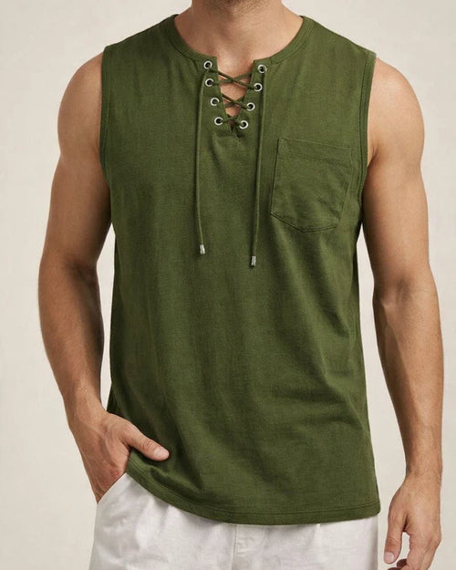 Summer New Hot Men's Slim Pocket Decorated Cotton Linen Solid Color Youth Popular Fashion Sleeveless Laced Casual Undershirt Shirt | JRSEE:5b97ada4-d8f7-4d21-b77a-45b564cb1849