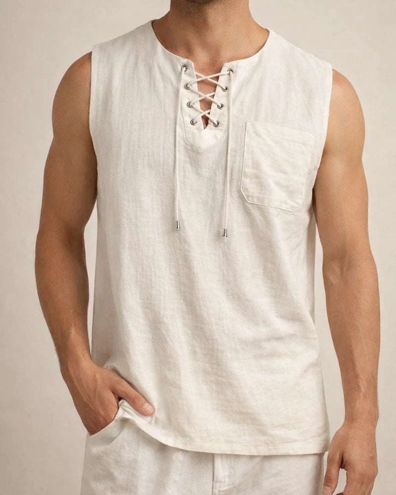 Summer New Hot Men's Slim Pocket Decorated Cotton Linen Solid Color Youth Popular Fashion Sleeveless Laced Casual Undershirt Shirt | JRSEE:db22a6ad-5455-4e04-9b45-46823b85ca3d