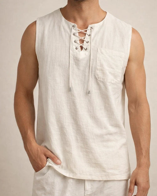 Summer New Hot Men's Slim Pocket Decorated Cotton Linen Solid Color Youth Popular Fashion Sleeveless Laced Casual Undershirt Shirt | JRSEE:db22a6ad-5455-4e04-9b45-46823b85ca3d