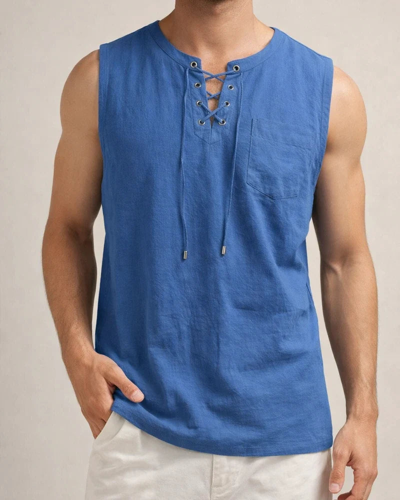 Summer New Hot Men's Slim Pocket Decorated Cotton Linen Solid Color Youth Popular Fashion Sleeveless Laced Casual Undershirt Shirt | JRSEE:8a962c5d-7583-4f63-8e21-bc0e0b157734