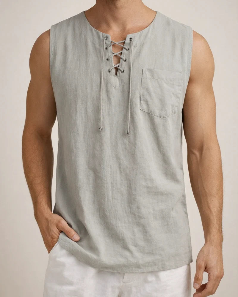 Summer New Hot Men's Slim Pocket Decorated Cotton Linen Solid Color Youth Popular Fashion Sleeveless Laced Casual Undershirt Shirt | JRSEE:a653f180-e51c-43ac-b592-65009fe5e9d8