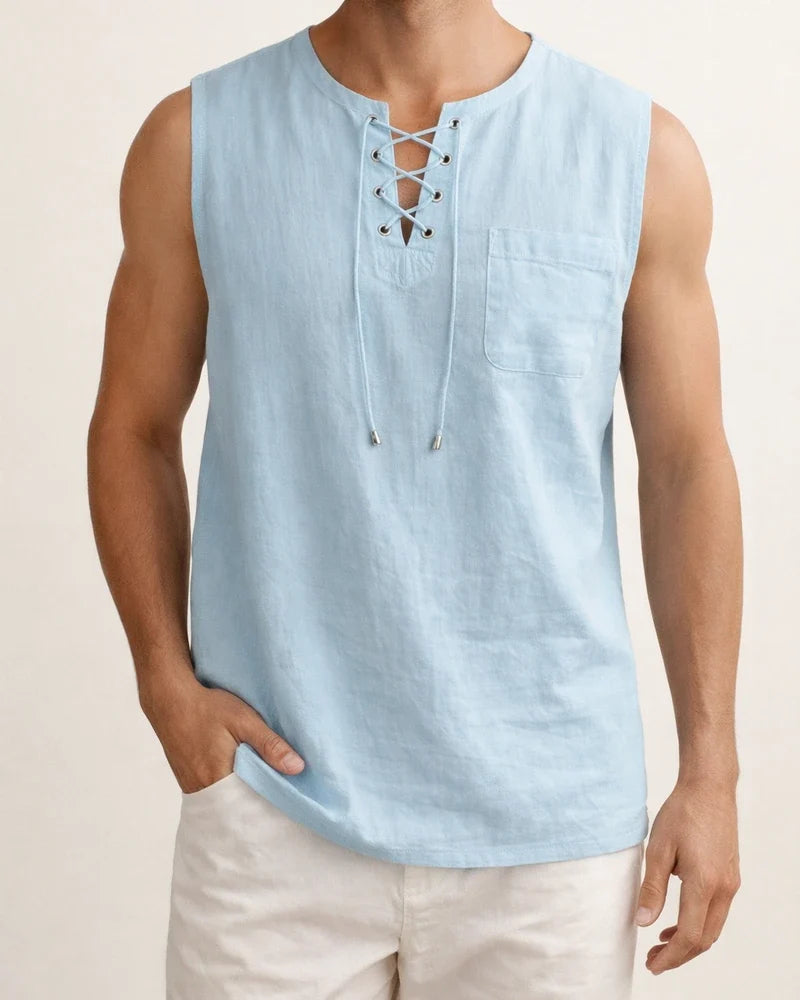 Summer New Hot Men's Slim Pocket Decorated Cotton Linen Solid Color Youth Popular Fashion Sleeveless Laced Casual Undershirt Shirt | JRSEE:8a935355-0d96-4027-b913-b843fda54231