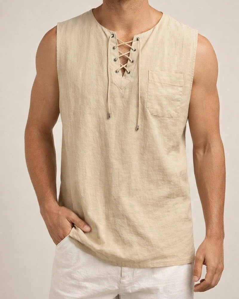 Summer New Hot Men's Slim Pocket Decorated Cotton Linen Solid Color Youth Popular Fashion Sleeveless Laced Casual Undershirt Shirt | JRSEE:d3726ac8-38be-4f22-9fb6-ef090725d0fc