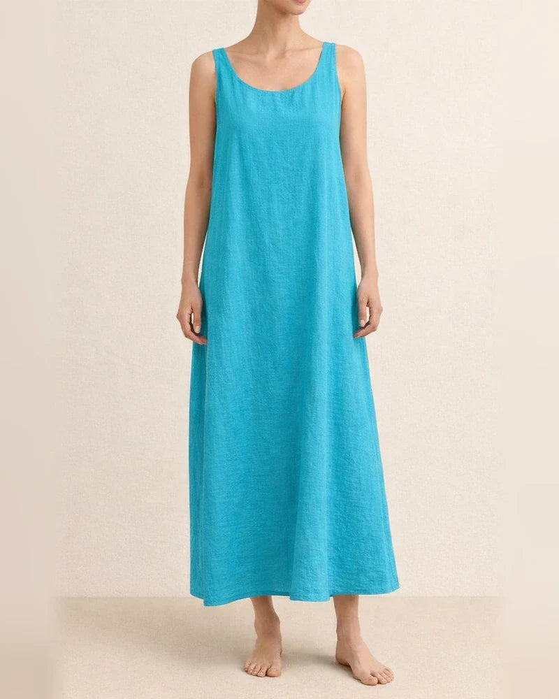 Summer New Long Version of The Halter Cotton Linen Simple Wind Loose Pockets Round Neck Temperament Sleeveless Solid Color Dress Female | JRSEE:8848959f-c4a7-480c-b7e0-515b425a0929