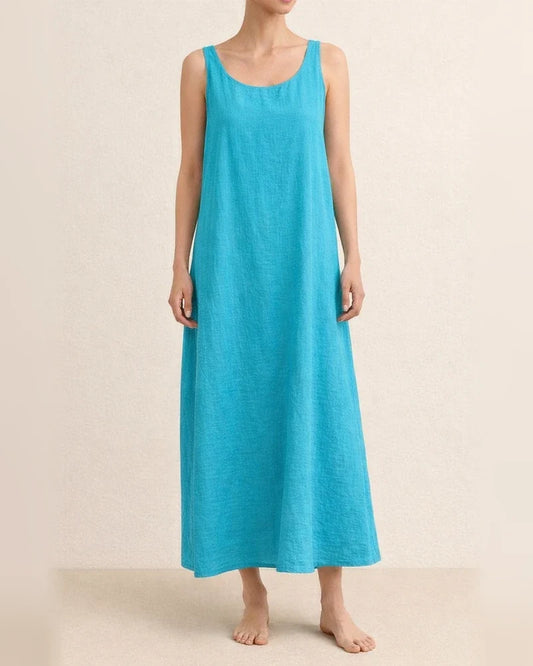 Summer New Long Version of The Halter Cotton Linen Simple Wind Loose Pockets Round Neck Temperament Sleeveless Solid Color Dress Female | JRSEE:8848959f-c4a7-480c-b7e0-515b425a0929