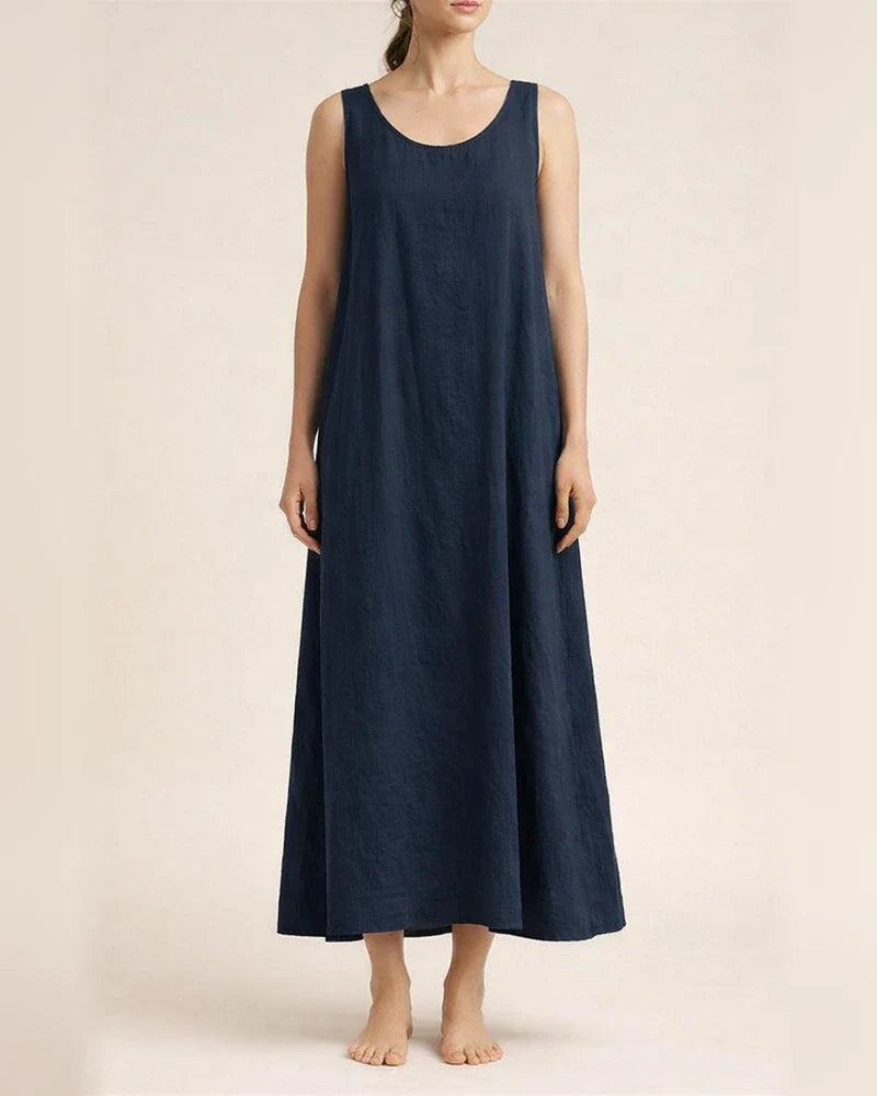 Summer New Long Version of The Halter Cotton Linen Simple Wind Loose Pockets Round Neck Temperament Sleeveless Solid Color Dress Female | JRSEE:64061b38-66f9-4a9f-9180-e3566a94d104