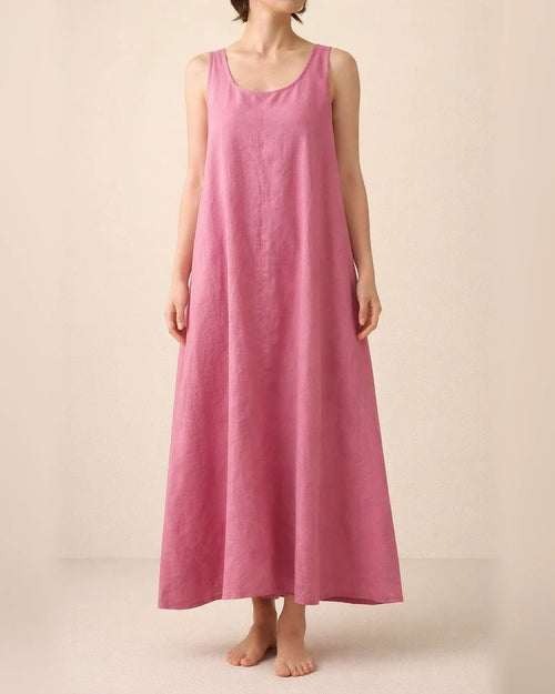Summer New Long Version of The Halter Cotton Linen Simple Wind Loose Pockets Round Neck Temperament Sleeveless Solid Color Dress Female | JRSEE:fd318981-de61-468e-a4a2-5a57693cc78b