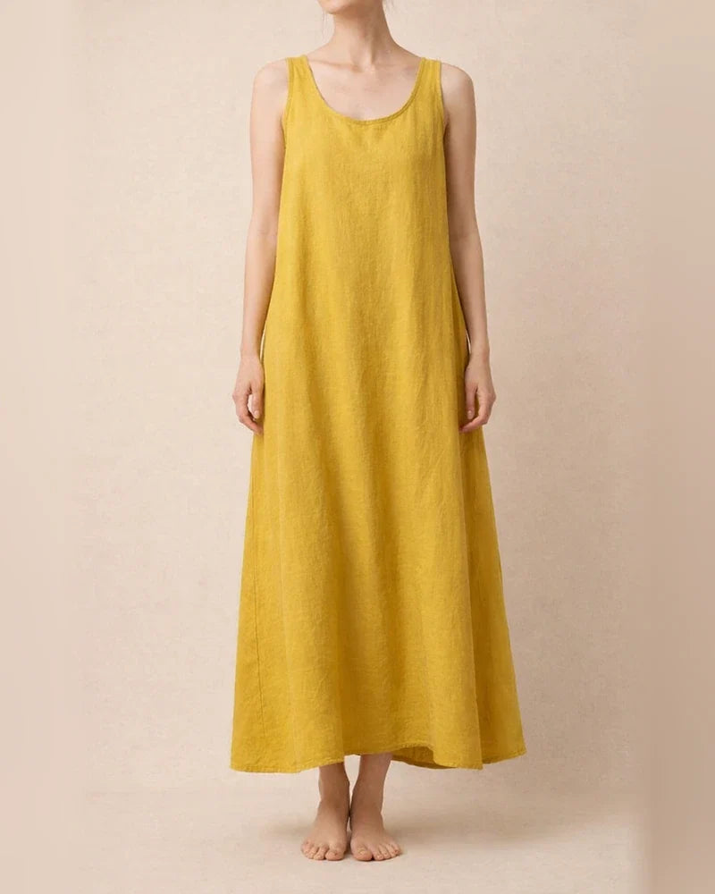 Summer New Long Version of The Halter Cotton Linen Simple Wind Loose Pockets Round Neck Temperament Sleeveless Solid Color Dress Female | JRSEE:400561b6-0b6d-4277-be7b-cccd5819fb4a