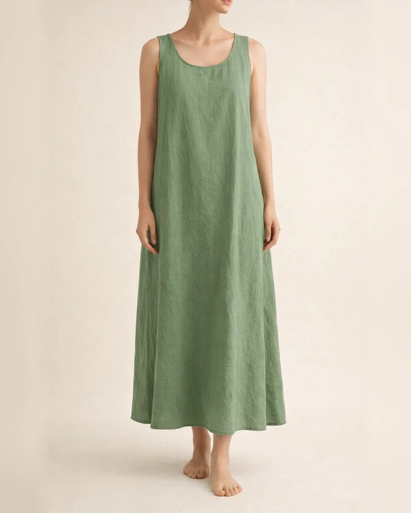 Summer New Long Version of The Halter Cotton Linen Simple Wind Loose Pockets Round Neck Temperament Sleeveless Solid Color Dress Female | JRSEE:3c443fb1-6b90-41d1-83fb-69426e848c7e