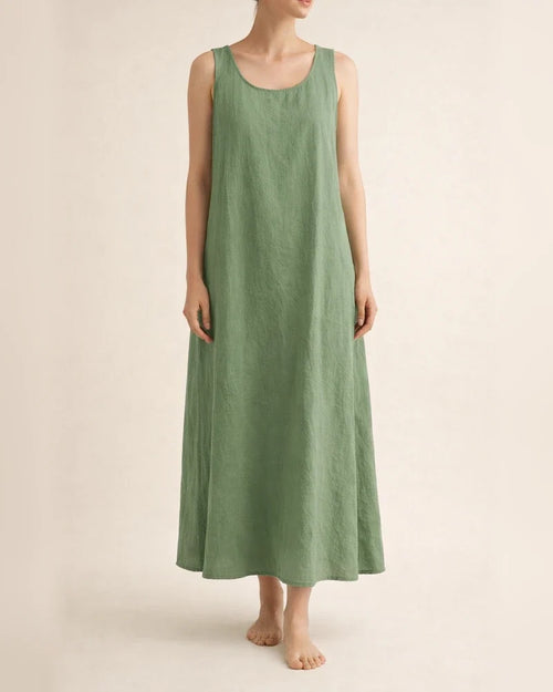 Summer New Long Version of The Halter Cotton Linen Simple Wind Loose Pockets Round Neck Temperament Sleeveless Solid Color Dress Female | JRSEE:3c443fb1-6b90-41d1-83fb-69426e848c7e
