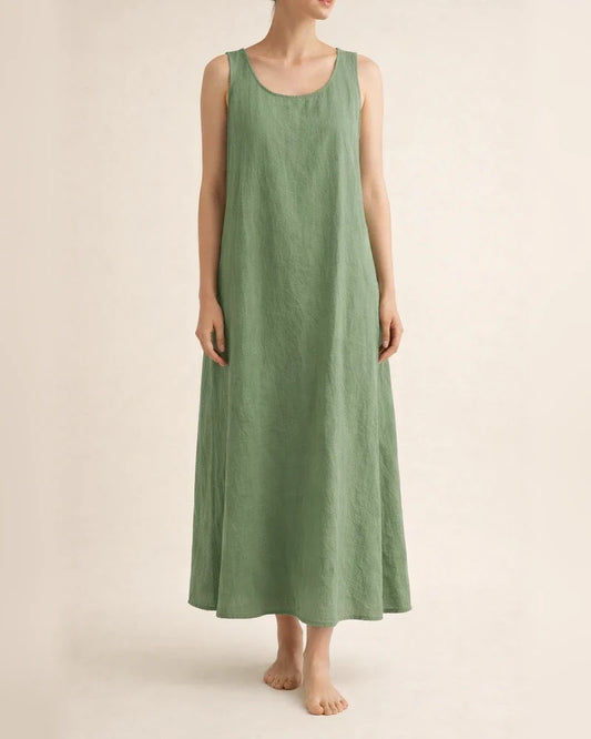 Summer New Long Version of The Halter Cotton Linen Simple Wind Loose Pockets Round Neck Temperament Sleeveless Solid Color Dress Female | JRSEE:3c443fb1-6b90-41d1-83fb-69426e848c7e