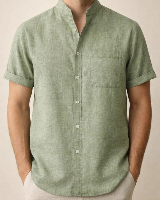 Summer New Machine-washable Men's Stand-up Collar Hot Short-sleeved Solid-color Cotton Linen Pocket Decorative Men's Shirt | JRSEE:a65fe30b-80f0-4b4f-a590-454602a326ab