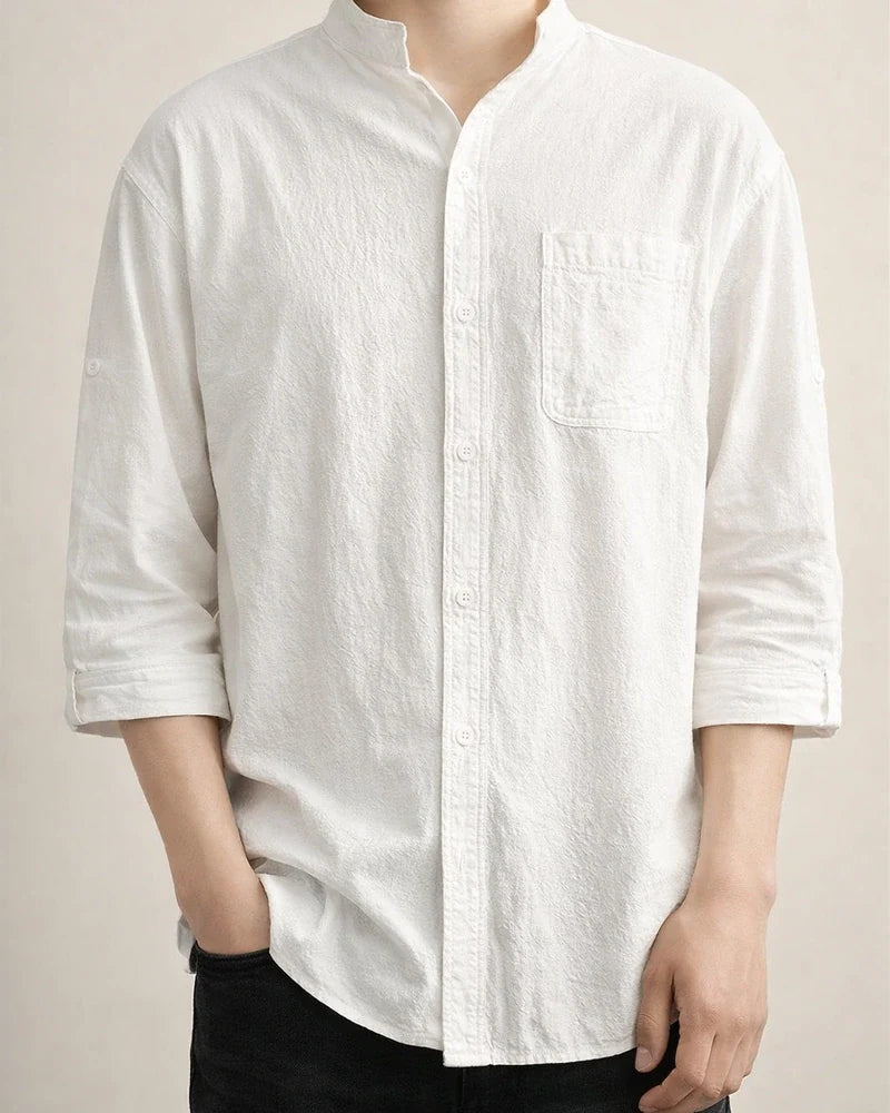 Summer New Men's Cotton Linen Medium-sleeved Shirt Casual Seven-minute Sleeve Men's Shirt Thin Section Loose Stand-up Collar Blouse | JRSEE:97704c07-a28e-4bbe-9e8d-e005fab4a48b