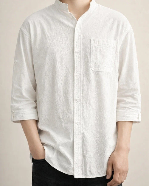 Summer New Men's Cotton Linen Medium-sleeved Shirt Casual Seven-minute Sleeve Men's Shirt Thin Section Loose Stand-up Collar Blouse | JRSEE:97704c07-a28e-4bbe-9e8d-e005fab4a48b