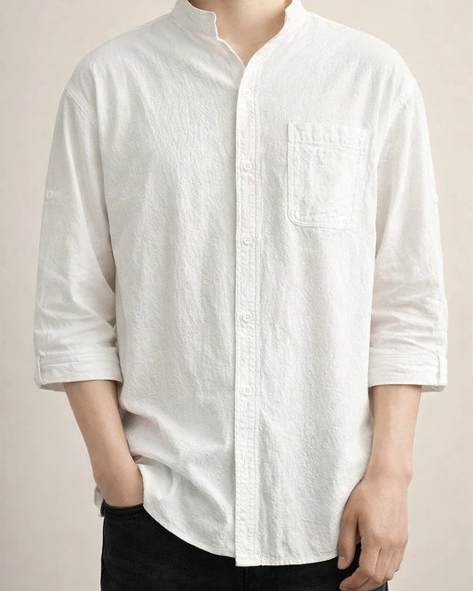 Summer New Men's Cotton Linen Medium-sleeved Shirt Casual Seven-minute Sleeve Men's Shirt Thin Section Loose Stand-up Collar Blouse | JRSEE:97704c07-a28e-4bbe-9e8d-e005fab4a48b