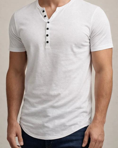 Summer New Men's Henley Shirt Short-sleeved Men's Solid Color Buttons T-shirt Tops | JRSEE:d01af6b9-f2e0-4a68-aff9-756a4f8ec829