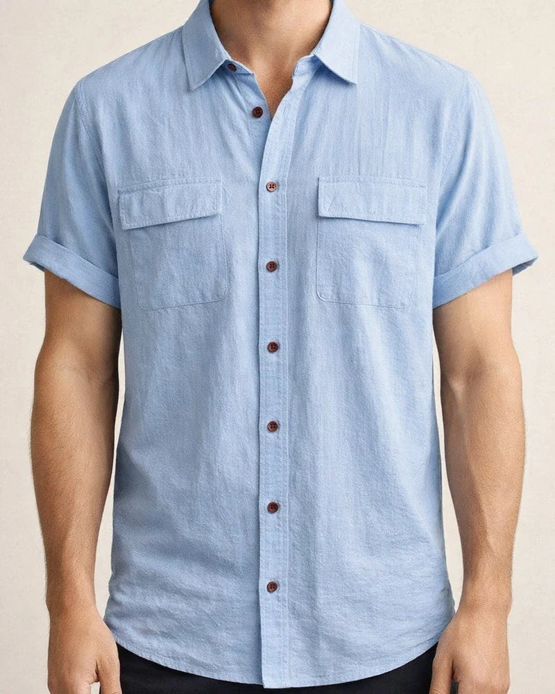 Summer New Men's Linen Short-sleeved Shirt Men's Square Collar Casual Cotton Linen Shirt Hemp Material Pure Color Half-sleeved Blouse | JRSEE:dd608e79-c67c-4855-95fb-c17f274c1887
