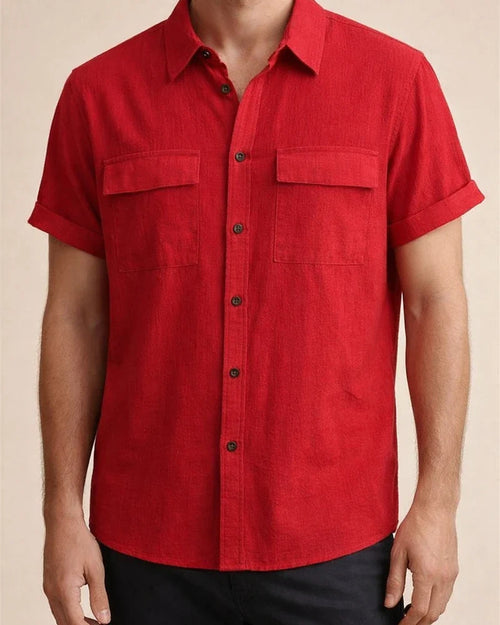 Summer New Men's Linen Short-sleeved Shirt Men's Square Collar Casual Cotton Linen Shirt Hemp Material Pure Color Half-sleeved Blouse | JRSEE:bed04ea1-6e9f-47da-a515-eb6046ae0d15