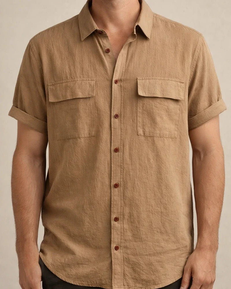Summer New Men's Linen Short-sleeved Shirt Men's Square Collar Casual Cotton Linen Shirt Hemp Material Pure Color Half-sleeved Blouse | JRSEE:96214b59-21b2-4c89-9f6b-ecaaeda6c87f