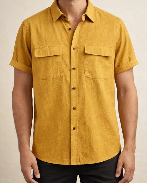 Summer New Men's Linen Short-sleeved Shirt Men's Square Collar Casual Cotton Linen Shirt Hemp Material Pure Color Half-sleeved Blouse | JRSEE:8f25e5e2-079a-4955-bc68-0f105f6bd056