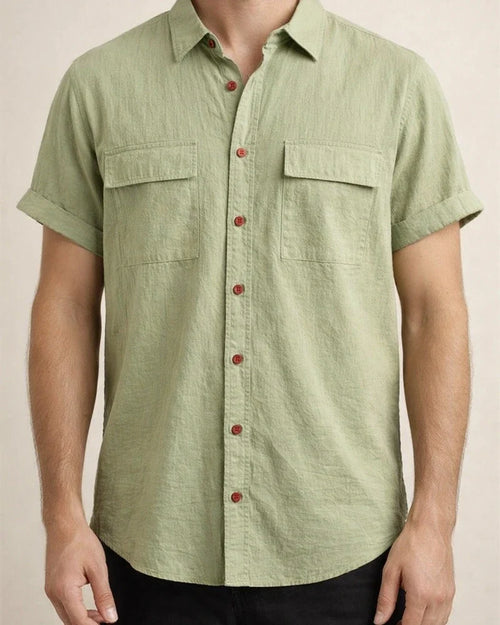 Summer New Men's Linen Short-sleeved Shirt Men's Square Collar Casual Cotton Linen Shirt Hemp Material Pure Color Half-sleeved Blouse | JRSEE:743d342e-ba2b-40fa-a907-8cf796c997f6