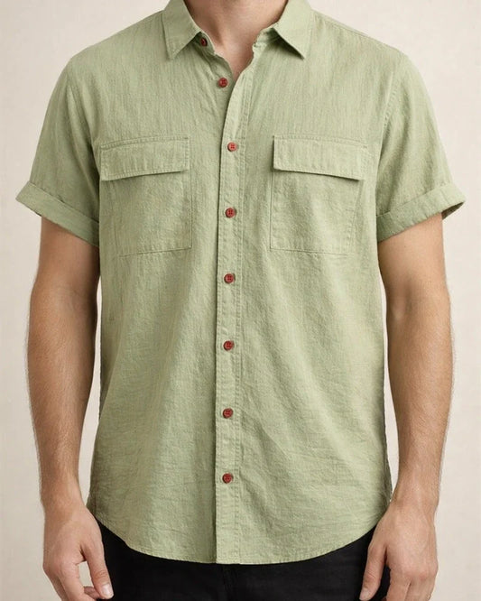 Summer New Men's Linen Short-sleeved Shirt Men's Square Collar Casual Cotton Linen Shirt Hemp Material Pure Color Half-sleeved Blouse | JRSEE:743d342e-ba2b-40fa-a907-8cf796c997f6
