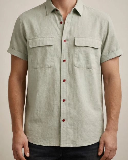 Summer New Men's Linen Short-sleeved Shirt Men's Square Collar Casual Cotton Linen Shirt Hemp Material Pure Color Half-sleeved Blouse | JRSEE:04bd1153-5002-47f2-98bf-ea2adc8c1dfa