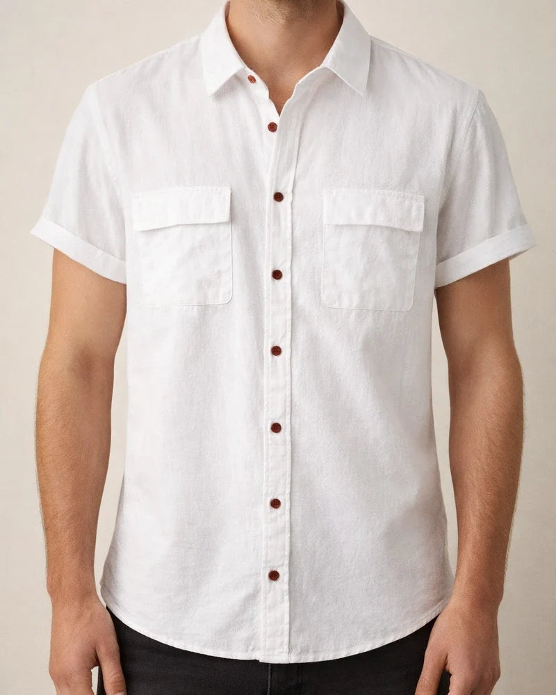 Summer New Men's Linen Short-sleeved Shirt Men's Square Collar Casual Cotton Linen Shirt Hemp Material Pure Color Half-sleeved Blouse | JRSEE:62299fcb-0674-42b5-9c88-d6521083b627