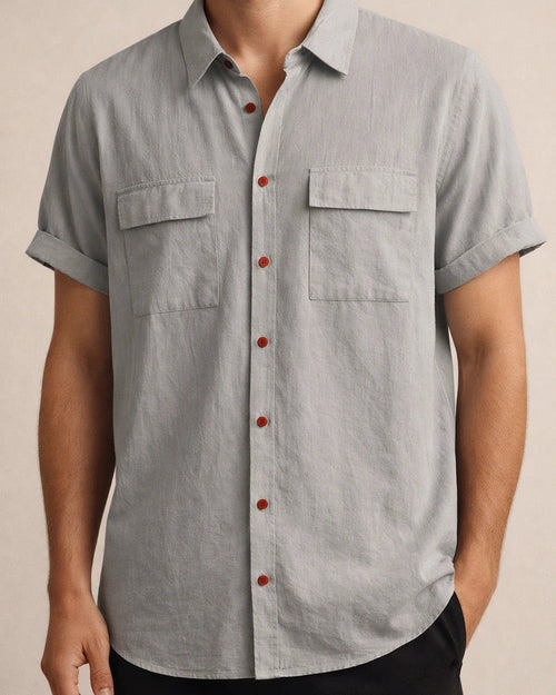 Summer New Men's Linen Short-sleeved Shirt Men's Square Collar Casual Cotton Linen Shirt Hemp Material Pure Color Half-sleeved Blouse | JRSEE:c6247847-a360-40d2-946e-da61d3f95a4a