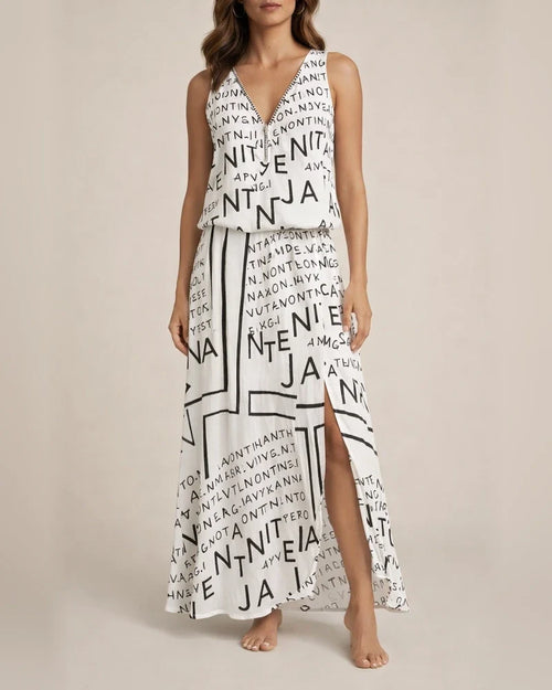 Summer New Sleeveless Long Dress Casual Women's Waist Zipper Letters V Neck Printed Dresses | JRSEE:93e6e302-093e-4c08-b566-60949a4dd5bb
