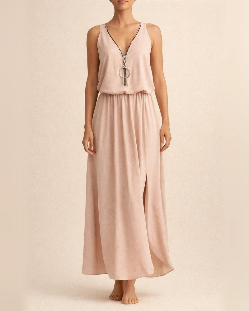 Summer New Sleeveless Long Dress Casual Women's Waist Zipper Letters V Neck Printed Dresses | JRSEE:3726708a-a7a7-4821-b122-d7d35f071442