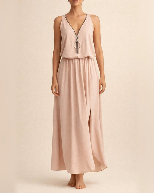 Summer New Sleeveless Long Dress Casual Women's Waist Zipper Letters V Neck Printed Dresses | JRSEE:3726708a-a7a7-4821-b122-d7d35f071442
