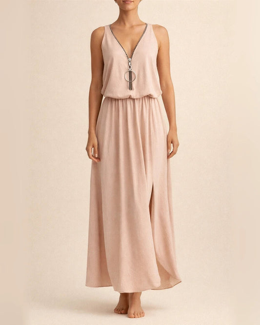 Summer New Sleeveless Long Dress Casual Women's Waist Zipper Letters V Neck Printed Dresses | JRSEE:3726708a-a7a7-4821-b122-d7d35f071442
