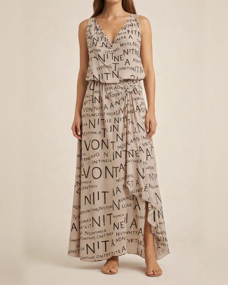 Summer New Sleeveless Long Dress Casual Women's Waist Zipper Letters V Neck Printed Dresses | JRSEE:99dbb356-e6a8-4279-a0f1-1b004d7aaa85