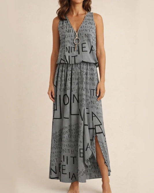 Summer New Sleeveless Long Dress Casual Women's Waist Zipper Letters V Neck Printed Dresses | JRSEE:8aba396a-58ba-430d-ada2-a10394313d63
