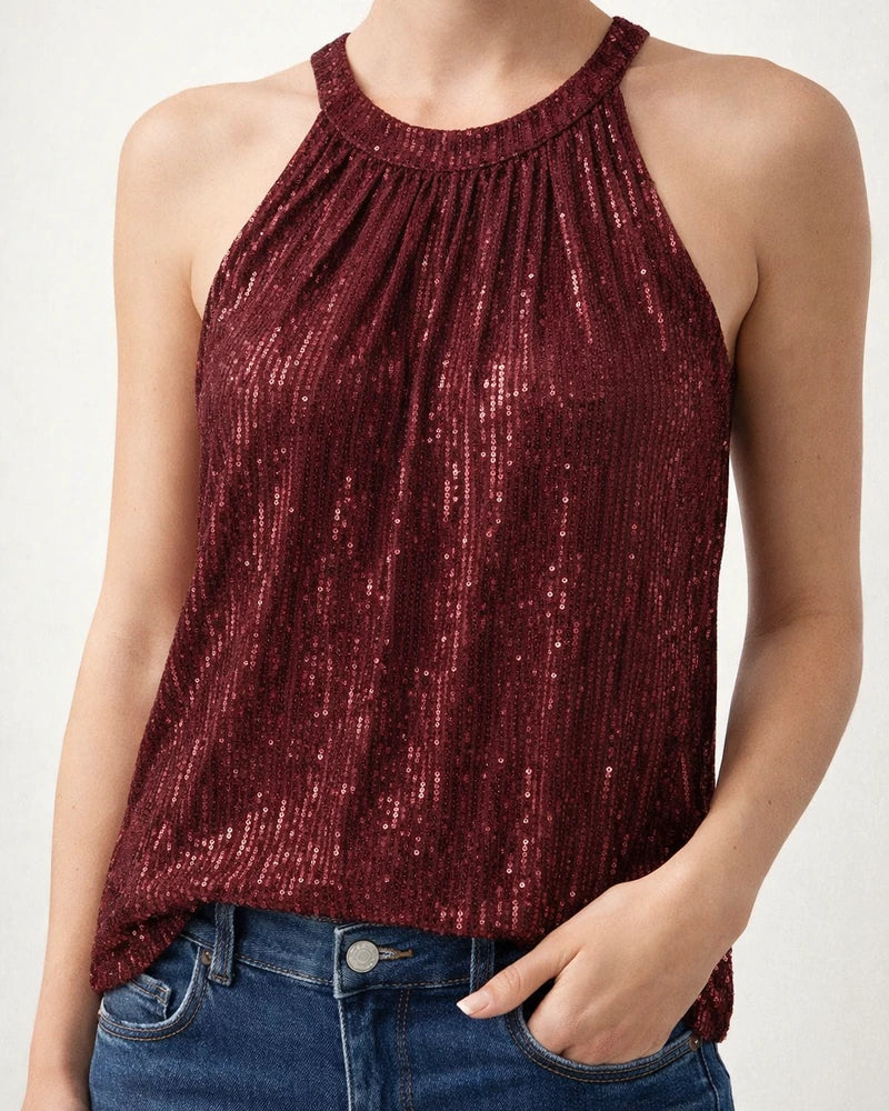 Summer New Solid Color Neckline Women's Sequins Halter Sequins Undershirt | JRSEE:9cee0c87-ca4a-42ce-a52f-bd64ae73f75c