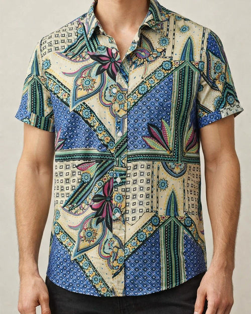 Summer New Stand-up Collar Printed Short-sleeved Men's Floral Shirt Floral Men's Short-sleeved Shirt Men's Clothing | JRSEE:5cba8133-8266-46f0-9594-5b8dba1e9869
