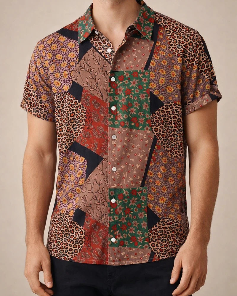Summer New Stand-up Collar Printed Short-sleeved Men's Floral Shirt Floral Men's Short-sleeved Shirt Men's Clothing | JRSEE:54d3baa1-3732-44fb-ae5b-5dc27a82f462