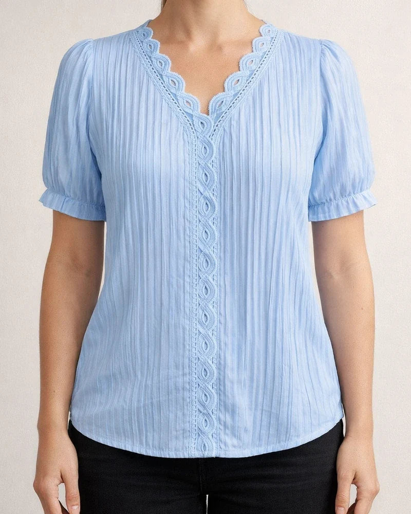 Summer New Temperament Commuter V-neck Loose Type Plain Lace Hollow Princess Sleeve Short-sleeved Urban Commuter Style Shirt | JRSEE:e1d46e31-be94-4a67-9bb7-2b2afc3d03f1