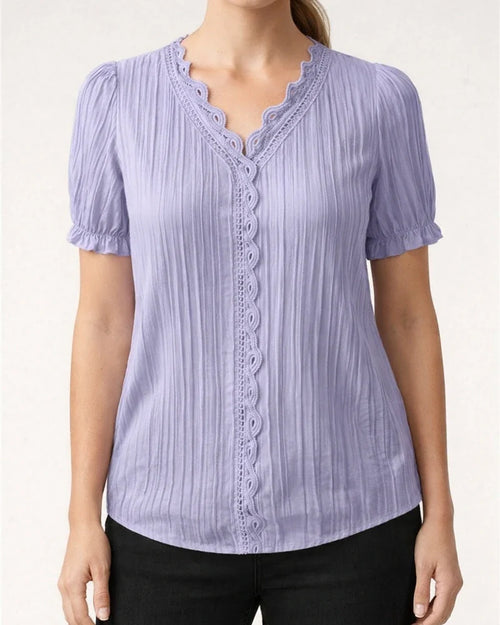 Summer New Temperament Commuter V-neck Loose Type Plain Lace Hollow Princess Sleeve Short-sleeved Urban Commuter Style Shirt | JRSEE:87c0cd16-fc40-4271-a424-75f4ec7a79a5